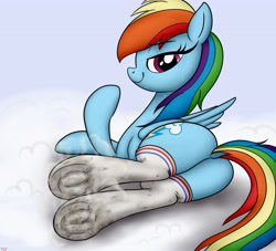 Size: 4400x4000 | Tagged: safe, alternate version, artist:littlenaughtypony, derpibooru import, rainbow dash, pegasus, pony, clothes, dirty socks, female, fetish, frog (hoof), hoof fetish, looking at you, looking back, looking back at you, lying down, mare, on side, smelly socks, smiling, socks, solo, sweat, sweaty socks, underhoof