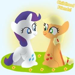 Size: 1400x1400 | Tagged: safe, artist:mlplary6, derpibooru import, applejack, rarity, earth pony, pony, unicorn, childhood friends, cute, duo, female, filly, filly applejack, filly rarity, foal, friends, jackabetes, looking at each other, looking at someone, raribetes, sitting, smiling, smiling at each other, text, younger