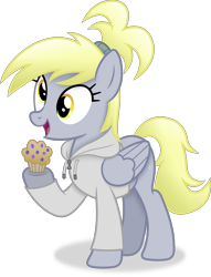 Size: 3191x4184 | Tagged: safe, artist:anime-equestria, derpibooru import, derpy hooves, pegasus, pony, alternate hairstyle, clothes, female, food, happy, hoodie, mare, muffin, ponytail, simple background, solo, transparent background, vector, wings