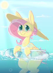 Size: 1000x1385 | Tagged: safe, artist:pagophasia, derpibooru exclusive, derpibooru import, fluttershy, pegasus, pony, alternate hairstyle, blushing, bubble, clothes, cloud, colored hooves, crepuscular rays, cute, cutie mark eyes, daytime, eye reflection, female, hair bun, hat, impossibly long eyelashes, inner tube, looking at you, one-piece swimsuit, partially submerged, pool toy, reflection, shyabetes, smiling, smiling at you, solo, straw hat, summer, sun, sun hat, swimming, swimsuit, underwater, unshorn fetlocks, water, wet, wingding eyes, wings