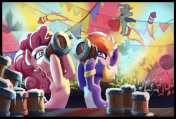 Size: 2500x1700 | Tagged: safe, artist:justgaduh, derpibooru import, pinkie pie, rainbow dash, trixie, pony, cider, drinking, rocket