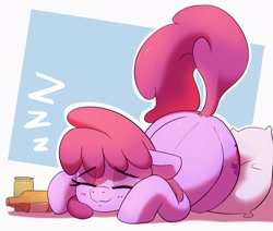 Size: 1782x1508 | Tagged: safe, artist:pabbley, derpibooru import, berry punch, berryshine, earth pony, pony, bottle, cute, eyebrows, eyebrows visible through hair, eyes closed, female, lying down, mare, onomatopoeia, passepartout, pillow, simple background, smiling, solo, sound effects, white background, zzz