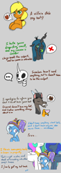 Size: 2480x7016 | Tagged: safe, artist:wild-thunder06, derpibooru import, accord, applejack, discord, princess celestia, princess luna, queen chrysalis, trixie, alicorn, changeling, changeling queen, draconequus, earth pony, unicorn, ..., accessory theft, applejack's hat, big crown thingy, blushing, bone, clothes, cowboy hat, cup, dead, element of magic, exclamation point, facial hair, fangs, female, frown, hat, height difference, implied king sombra, jewelry, male, mare, moustache, peytral, regalia, sad, shaking, skeleton, speech bubble, sweat, sweatdrops, teacup, this will end in pain, this will not end well, tongue, tongue out, trembling, trixie's hat, x