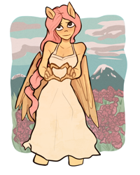 Size: 2000x2500 | Tagged: safe, artist:meliciamelano, derpibooru import, fluttershy, anthro, plantigrade anthro, detailed background, flower, heart, heart hands, looking at you, mountain, smiling, smiling at you, solo, white dress