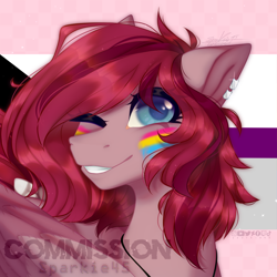 Size: 1000x1000 | Tagged: safe, artist:sparkie, derpibooru import, oc, pegasus, pony, commission, commission open, demisexual, demisexual pride flag, pansexual, pansexual pride flag, pride, pride flag, solo, ych example, ych result, your character here