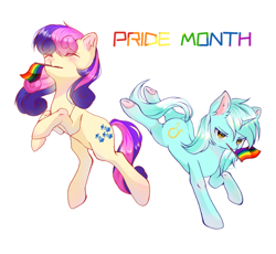 Size: 2570x2362 | Tagged: source needed, safe, artist:蝶琏, derpibooru import, bon bon, lyra heartstrings, sweetie drops, earth pony, pony, unicorn, colored underhoof, eyebrows, eyebrows visible through hair, eyes closed, female, lesbian, lesbian pride flag, lgbt, lyrabon, mouth hold, pride, pride flag, pride month, shipping, simple background, underhoof, white background