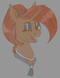 Size: 920x1200 | Tagged: safe, artist:stray prey, derpibooru import, stellar flare, pony, unicorn, bags under eyes, bust, eyeshadow, lidded eyes, looking at you, one eye closed, open mouth, open smile, pearl necklace, smiling, smiling at you, solo, sternocleidomastoid, traditional art, wink, winking at you