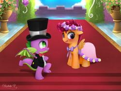 Size: 2400x1800 | Tagged: safe, artist:darksly, derpibooru import, scootaloo, spike, dragon, pegasus, pony, bowtie, clothes, commission, dress, duo, duo male and female, female, filly, floral head wreath, flower, flower filly, flower girl, flower girl dress, foal, formal wear, hat, male, ring bearer, scootaspike, shipping, straight, suit, top hat, tuxedo, winged spike, wings