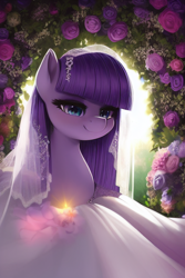 Size: 2048x3072 | Tagged: safe, ai content, derpibooru import, generator:stable diffusion, machine learning generated, maud pie, earth pony, pony, clothes, cute, dress, female, flower, generator:ponydiffusion, mare, marriage, maudabetes, smiling, solo, veil, wedding, wedding dress, wedding veil, when she smiles