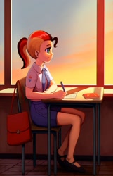 Size: 1319x2048 | Tagged: safe, artist:mrscroup, derpibooru import, oc, oc:anja snow, human, pegasus, classroom, clothes, desk, diary, humanized, pegasus oc, pencil, school desk, school uniform, schoolgirl, skirt, sunset