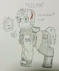 Size: 3268x3900 | Tagged: safe, artist:cap_watching, derpibooru import, unicorn, armor, armored pony, clipboard, deaf, kelvin, pencil drawing, son of the forest, traditional art