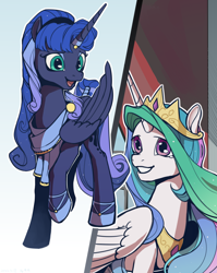 Size: 2574x3230 | Tagged: safe, artist:湮浊湮于浊, derpibooru import, idw, princess celestia, princess luna, alicorn, pony, reflections, spoiler:comic, artemis luna, colored, female, mare, mirror universe, smiling, surprised