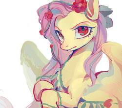 Size: 1791x1596 | Tagged: safe, artist:湮浊湮于浊, derpibooru import, fluttershy, pegasus, pony, angry, female, flower, long mane, looking at you, mare, solo, wings