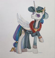 Size: 3142x3338 | Tagged: safe, artist:湮浊湮于浊, derpibooru import, idw, princess celestia, alicorn, pony, reflections, spoiler:comic, clothes, female, hat, looking at you, mare, marker, solo, traditional art