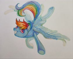 Size: 4055x3260 | Tagged: safe, artist:湮浊湮于浊, derpibooru import, rainbow dash, pegasus, pony, flying, grin, looking at you, marker, smiling, solo, spread wings, traditional art, wings