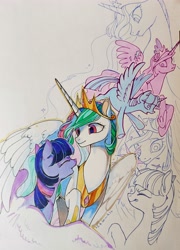 Size: 3121x4332 | Tagged: safe, artist:湮浊湮于浊, derpibooru import, princess celestia, princess twilight 2.0, twilight sparkle, twilight sparkle (alicorn), alicorn, pony, the last problem, colored, female, lesbian, mare, marker, older, older twilight, shipping, smiling, traditional art, twilestia, wings