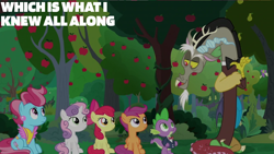 Size: 2000x1125 | Tagged: safe, derpibooru import, edit, edited screencap, editor:quoterific, screencap, apple bloom, cup cake, discord, scootaloo, spike, sweetie belle, draconequus, dragon, earth pony, pegasus, unicorn, the big mac question, apple, apple tree, bowtie, button-up shirt, clothes, cutie mark crusaders, dress shirt, female, formal wear, male, shirt, shirtless shirt collar, suit, tree, tuxedo, winged spike, wings
