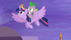 Size: 1280x720 | Tagged: safe, derpibooru import, screencap, spike, twilight sparkle, twilight sparkle (alicorn), alicorn, dragon, pony, princess twilight sparkle (episode), big crown thingy, duo, duo male and female, element of magic, female, flying, jewelry, male, night, night sky, regalia, riding, riding a pony, sky, wings