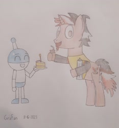 Size: 2592x2779 | Tagged: safe, artist:gradiusfanatic, derpibooru import, oc, oc only, oc:bx-8, oc:paul, robot, unicorn, horn, male, mate, robot oc, traditional art, unicorn oc