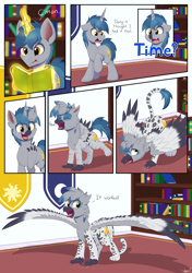 Size: 2896x4119 | Tagged: safe, artist:arcane-thunder, derpibooru import, oc, oc only, oc:arcane thunder, griffon, pony, unicorn, book, comic, dialogue, ears, fangs, floppy ears, glowing, glowing horn, griffonized, horn, large wings, levitation, magic, male, open mouth, pony to griffon, question mark, smiling, solo, species swap, stallion, telekinesis, text, transformation, transformation sequence, wings