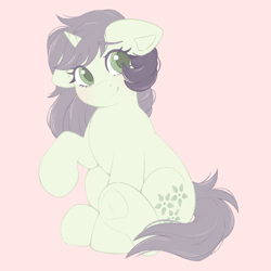 Size: 2048x2048 | Tagged: safe, artist:adostume, derpibooru import, oc, oc only, oc:delia, pony, unicorn, blushing, cream background, eyes open, female, long mane, mare, raised hoof, raised leg, shy, simple background, sitting, solo