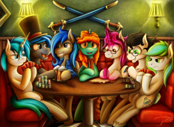 Size: 1500x1098 | Tagged: safe, artist:jamescorck, derpibooru import, oc, oc only, earth pony, pegasus, pony, unicorn, beer mug, female, magic, male, mare, poker chips, stallion