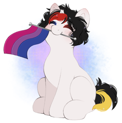 Size: 2042x2048 | Tagged: safe, artist:adostume, derpibooru import, oc, oc only, pony, unicorn, bisexual, bisexual pride flag, broken horn, eyes closed, female, horn, pride, pride flag, pride month, short mane, simple background, sitting, smiling, solo