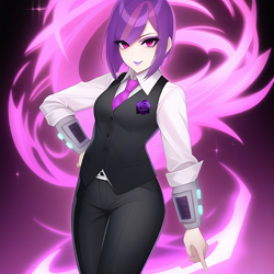 Size: 1024x1024 | Tagged: safe, ai content, derpibooru import, editor:jesterofdestiny, machine learning generated, sunny flare, equestria girls, abstract background, anime style, clothes, eyeshadow, flower, generator:anything v5, human coloration, makeup, necktie, pipbuck, rolled up sleeves, rose, solo, vest