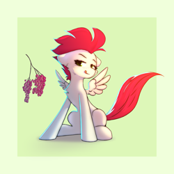 Size: 3000x3000 | Tagged: safe, artist:o0o-bittersweet-o0o, derpibooru import, oc, oc:bittersweet, pegasus, pony, chest fluff, colored, digital art, doodle, ear fluff, ears, female, floppy ears, food, grapes, licking, licking lips, looking at something, simple background, sitting, solo, spread wings, tongue, tongue out, wings