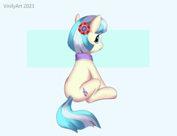 Size: 1280x983 | Tagged: safe, artist:vinilyart, derpibooru import, coco pommel, earth pony, pony, blue background, cocobetes, cute, female, looking at you, looking back, looking back at you, mare, simple background, sitting, solo, white background