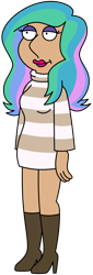 Size: 2805x8242 | Tagged: safe, artist:threetwotwo32232, derpibooru import, princess celestia, human, boots, clothes, family guy, humanized, shoes, simple background, solo, style emulation, sweater, transparent background, turtleneck, what has science done