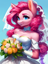 Size: 768x1024 | Tagged: safe, ai content, derpibooru import, machine learning generated, pinkie pie, anthro, earth pony, bouquet, bride, clothes, dress, female, flower, mare, smiling, solo, veil, wedding dress, wedding veil