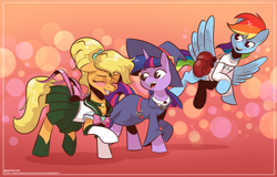 Size: 2500x1600 | Tagged: safe, artist:saturdaymorningproj, derpibooru import, applejack, rainbow dash, twilight sparkle, earth pony, pegasus, pony, unicorn, clothes, cosplay, costume, gradient background, hajime no ippo, sailor jupiter, sailor moon