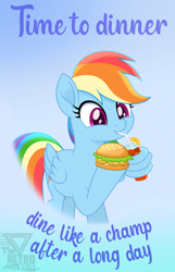 Size: 1150x1788 | Tagged: safe, artist:theretroart88, derpibooru import, rainbow dash, pegasus, pony, burger, cup, drink, drinking, eating, english, female, food, gradient background, mare, movie accurate, poster, signature, solo, text, wing hands, wing hold, wings