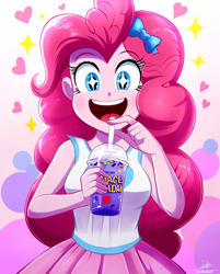 Size: 1634x2034 | Tagged: safe, artist:the-butch-x, pinkie pie, human, equestria girls, arms, bow, breasts, bust, clothes, cup, female, fingers, grimace shake, hair bow, hand, happy, holding, long hair, mcdonald's, meme, milkshake, open mouth, open smile, shake, skirt, sleeveless, smiling, solo, standing, starry eyes, straw, tanktop, teenager, teeth, tiktok, wingding eyes