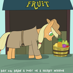 Size: 2000x2000 | Tagged: safe, artist:khazard, derpibooru import, applejack, earth pony, atg 2023, basket, clothes, female, fruit stand, newbie artist training grounds, solo, trenchcoat