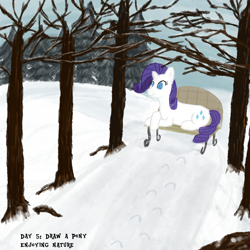 Size: 2000x2000 | Tagged: safe, artist:khazard, derpibooru import, rarity, unicorn, atg 2023, bench, female, forest, newbie artist training grounds, snow, solo, tree, winter