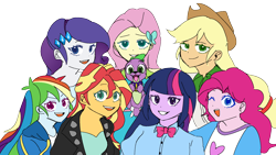 Size: 1920x1080 | Tagged: safe, artist:calibykitty, artist:metaruscarlet, derpibooru import, applejack, fluttershy, pinkie pie, rainbow dash, rarity, spike, sunset shimmer, twilight sparkle, dog, collaboration, equestria girls 10th anniversary, equestria girls, bowtie, clothes, colored, colored pupils, group photo, humane five, humane seven, humane six, simple background, smiling, spike the dog, transparent background