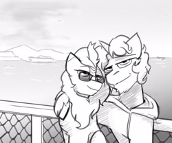 Size: 3000x2500 | Tagged: safe, artist:captainhoers, derpibooru import, oc, oc only, kirin, pony, unicorn, clothes, duo, grayscale, hoodie, hoof around neck, kirin oc, lidded eyes, looking at you, monochrome, posing for photo, smiling, smiling at you, sunglasses