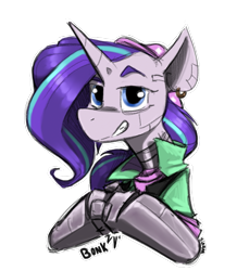 Size: 903x1035 | Tagged: safe, artist:sinrar, derpibooru import, starlight glimmer, cyborg, pony, unicorn, beanie, clothes, cybernetic legs, ear piercing, earring, hat, jacket, jewelry, piercing, simple background, solo, transparent background