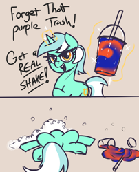 Size: 2000x2480 | Tagged: safe, artist:t72b, derpibooru import, lyra heartstrings, pony, unicorn, 2 panel comic, bubble, comic, crossing the memes, dead, female, foaming at the mouth, grimace shake, grimderp, l.u.l.s., levitation, looking at you, magic, mare, meme, telekinesis, text, tide pods