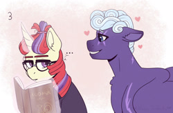 Size: 2048x1341 | Tagged: safe, artist:hahyh, derpibooru import, moondancer, rolling thunder, pegasus, unicorn, ..., book, crush, duo, duo female, eye scar, facial scar, female, floating heart, glasses, heart, horn, lesbian, levitation, looking at each other, looking at someone, magic, mare, scar, shipping, smiling, telekinesis, wings