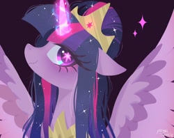 Size: 1024x810 | Tagged: safe, artist:petaltwinkle, derpibooru import, princess twilight 2.0, twilight sparkle, twilight sparkle (alicorn), alicorn, pony, the last problem, alternate hairstyle, black background, blushing, bust, crown, cutie mark eyes, ethereal mane, female, glowing, glowing horn, hair bun, horn, jewelry, mare, older, older twilight, peytral, regalia, signature, simple background, smiling, solo, spread wings, starry mane, wingding eyes, wings