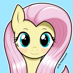 Size: 512x512 | Tagged: safe, artist:flutterlover5, derpibooru import, machine learning assisted, fluttershy, pegasus, pony, adorable face, big eyes, blue background, blushing, cute, cyan background, detailed, digital art, female, icon, looking at you, outline, pink hair, shading, shy, simple background, smiling, smiling at you, solo, watermark