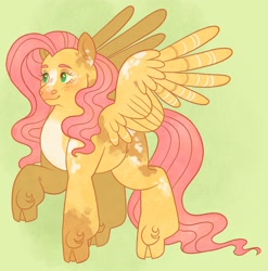 Size: 2550x2580 | Tagged: safe, artist:fizzmitz, derpibooru import, fluttershy, pegasus, pony, cloven hooves, coat markings, female, green background, hoof fluff, mare, simple background, smiling, solo, spread wings, wings