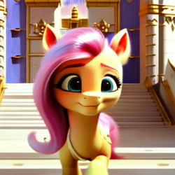 Size: 512x512 | Tagged: safe, ai content, derpibooru import, generator:purplesmart.ai, generator:stable diffusion, machine learning generated, fluttershy, pegasus, pony, 3d, female, front view, mare, solo, stairs