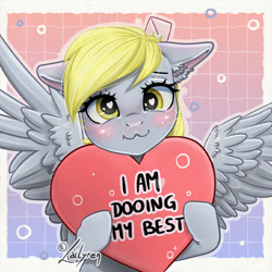 Size: 800x800 | Tagged: safe, artist:lailyren, derpibooru import, part of a set, derpy hooves, pegasus, pony, :3, abstract background, blushing, bubble, cute, derpabetes, female, heart, heart eyes, heart pillow, looking at you, mare, misspelling, pillow, smiling, smiling at you, solo, spread wings, wingding eyes, wings