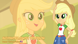 Size: 3410x1920 | Tagged: safe, artist:edy_january, artist:twilirity, derpibooru import, edit, edited screencap, screencap, applejack, human, equestria girls, alternate name, applejack's hat, clothes, cowboy hat, female, geode of super strength, hand on hip, hat, magical geodes, smiling, solo, tip of the hat, vector used