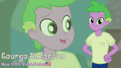 Size: 3410x1920 | Tagged: safe, artist:edy_january, artist:georgegarza01, derpibooru import, spike, human, equestria girls, alternate name, clothes, denim, hand on hip, human spike, humanized, jeans, looking at you, male, pants, shirt, smiling, smiling at you, solo, vector used