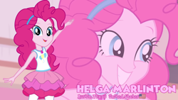 Size: 3410x1920 | Tagged: safe, artist:edy_january, artist:twilirity, derpibooru import, edit, edited screencap, screencap, pinkie pie, human, equestria girls, alternate name, big smile, clothes, geode of sugar bombs, hairband, looking at you, magical geodes, skirt, smiling, smiling at you, solo, vector used, waving, waving at you